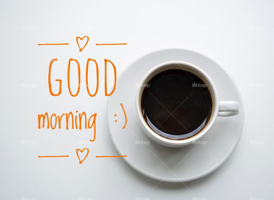 coffee cup top view on a white background, good morning