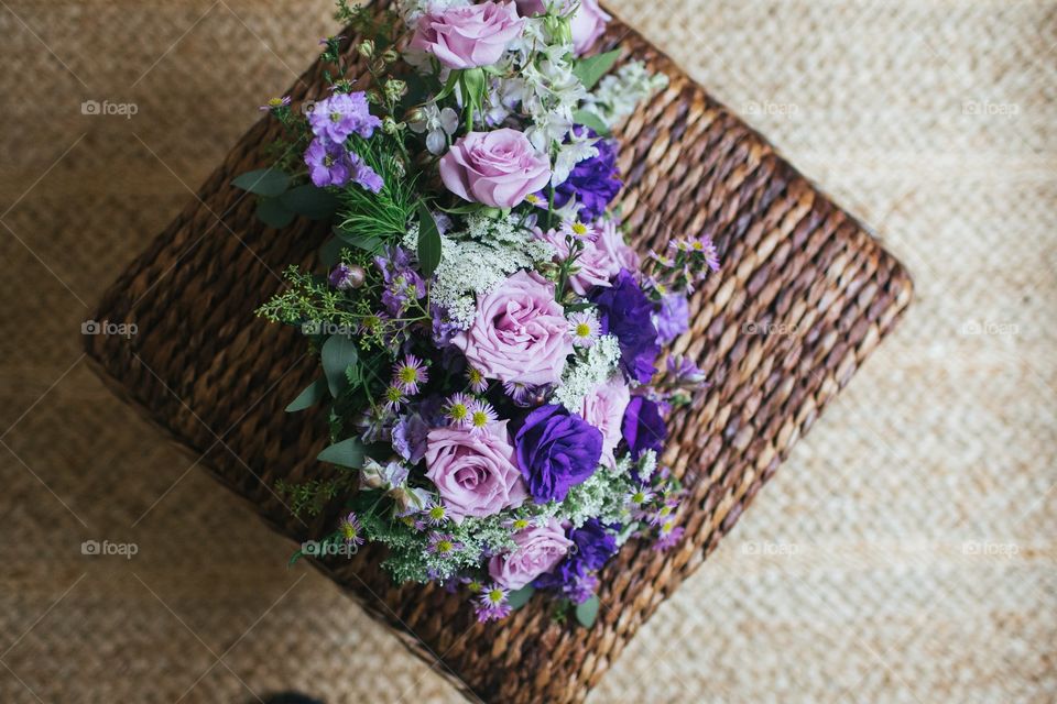 Wedding flower bouquets on a basket