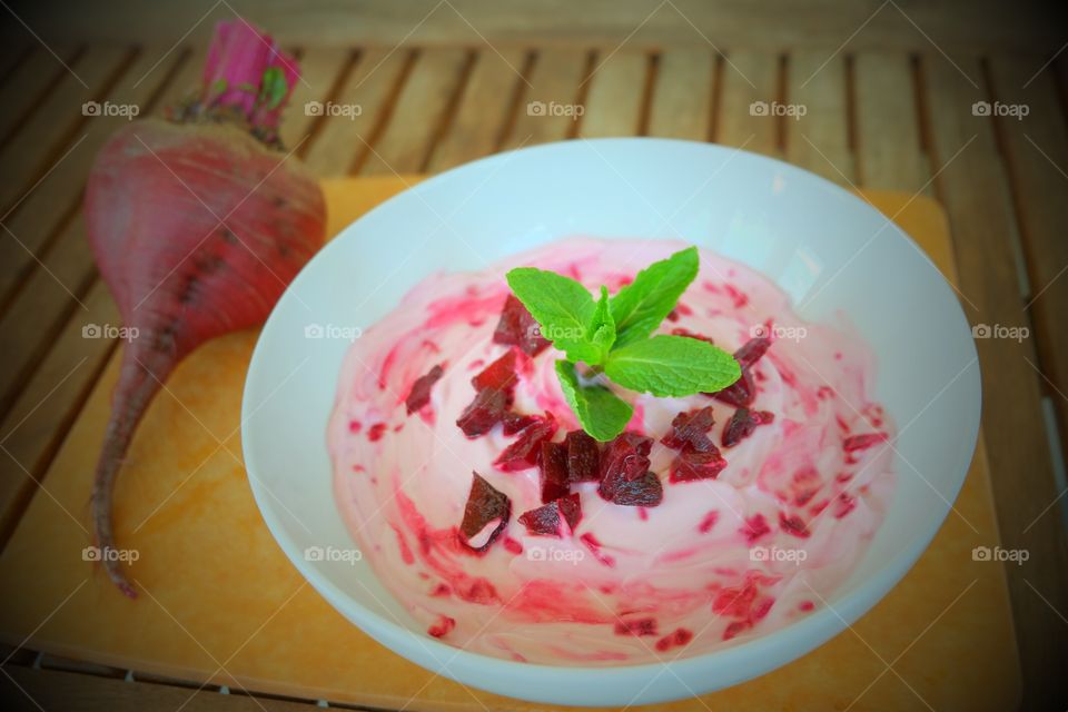 Health food, beets with yogurt and mint