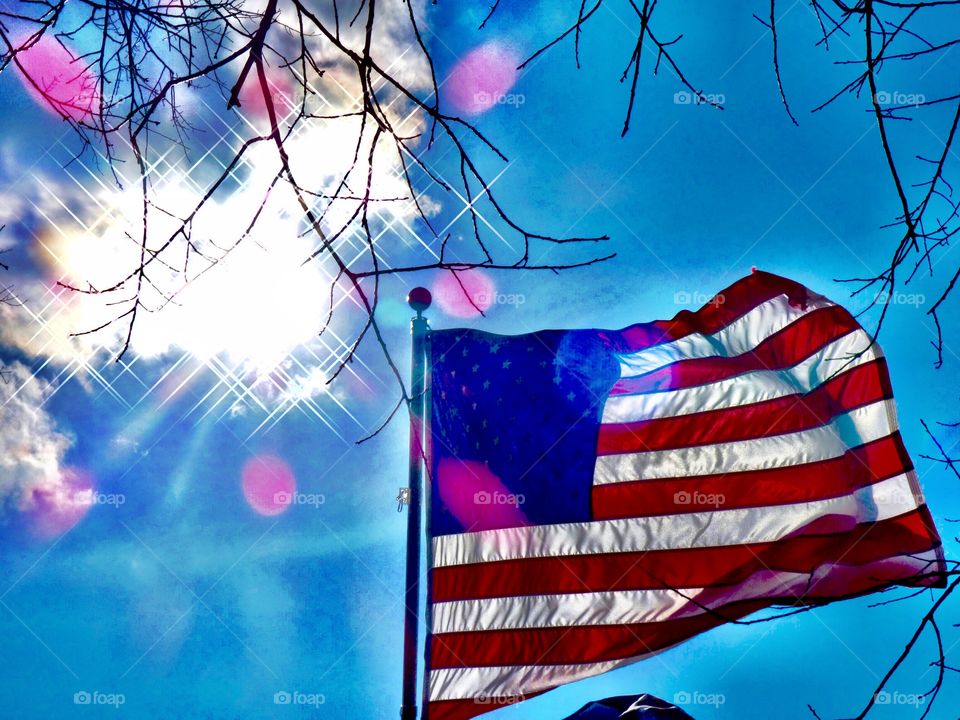 Beautiful US flag and the sun in Indiana. 