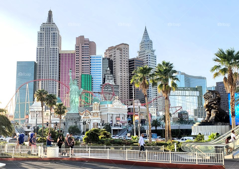 The New York (New York, New York Casino) Skyline in Las Vegas. Quite a stunning view of the Casino/Hotel set against a clear Nevada sky.