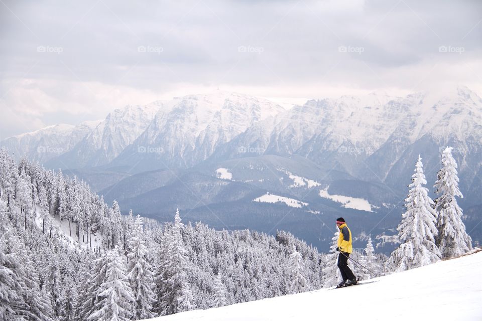 Skiing at the peak Postavarul , Poiana Brasov, Romania 