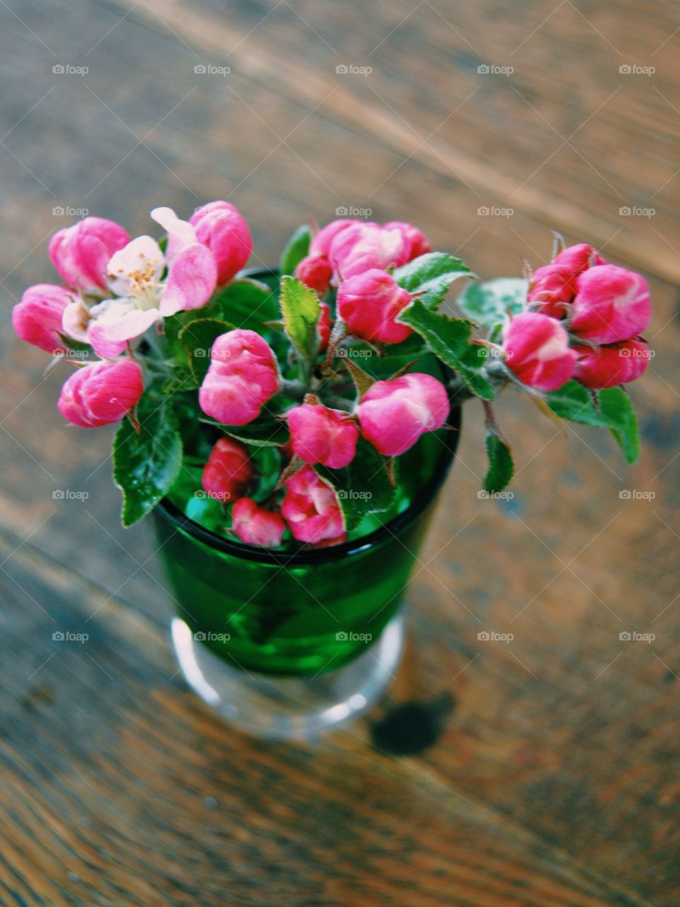 Apple tree flowers in a green glass