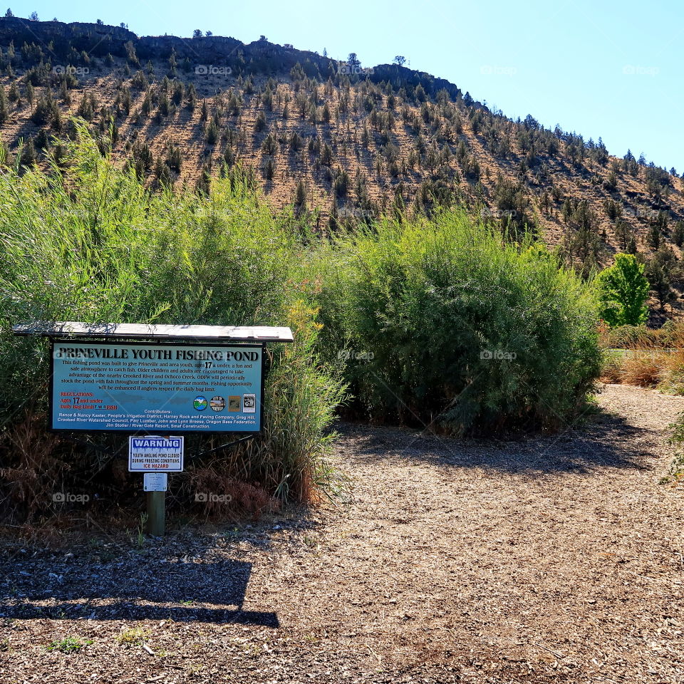 A trail leading to the Prineville Youth Fishing Pond with a sign at Rimrock Park in Prineville on a sunny fall day. 