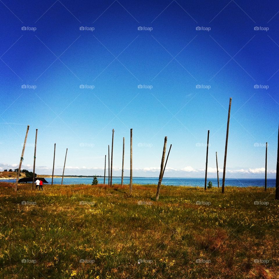 Poles at beach in Kivik, Sweden 