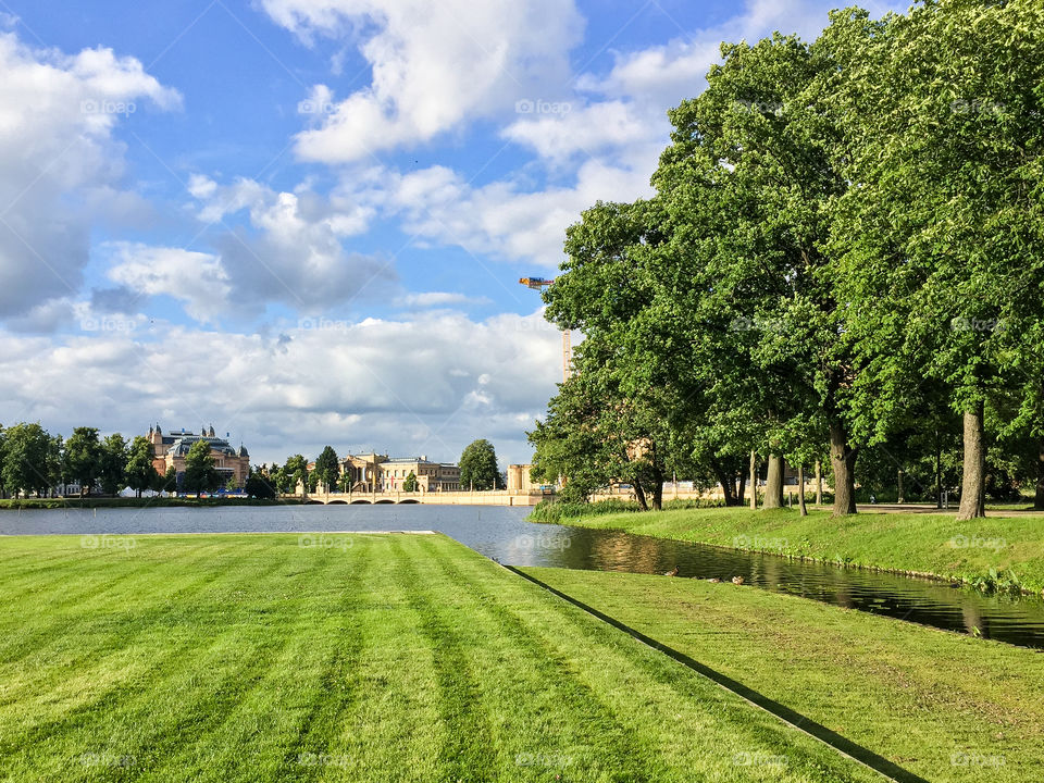 Landscape with green field, trees and a lake in front of the Schwerin castle in Germany in summer