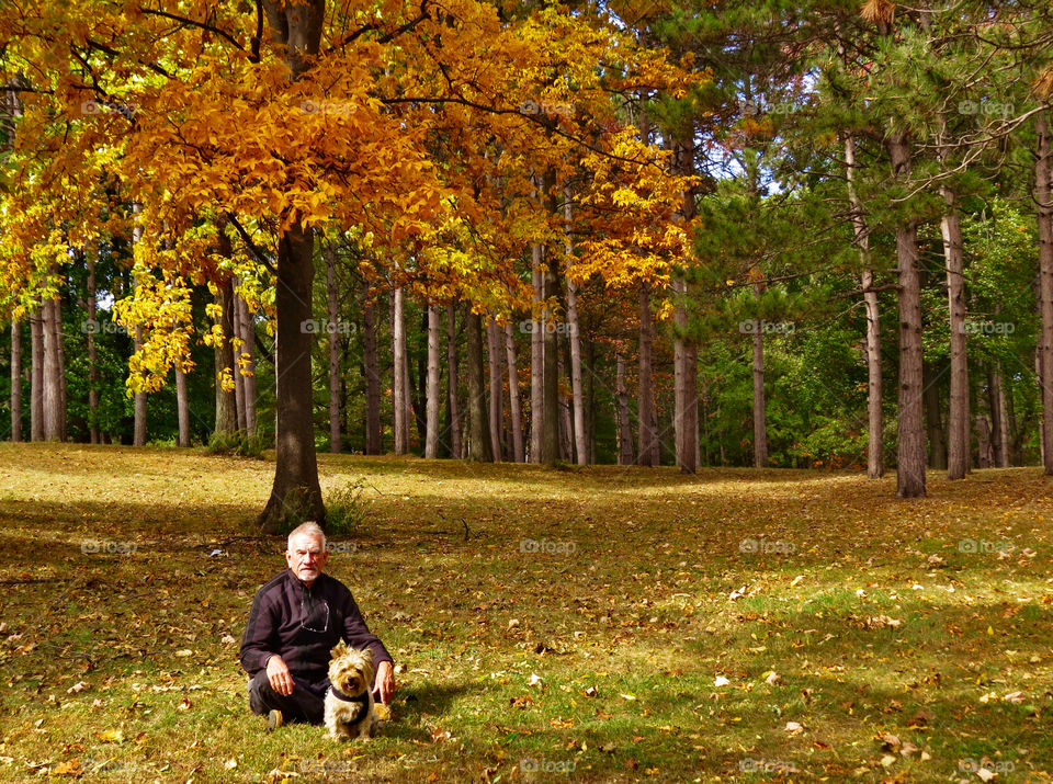 A man and his dog. A man and his dog on a golden autumn day