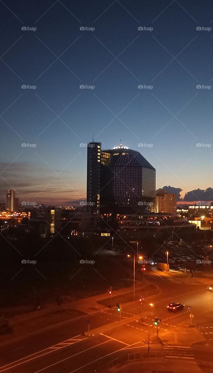 beautiful night light street view, windows magic light, cityscape window view