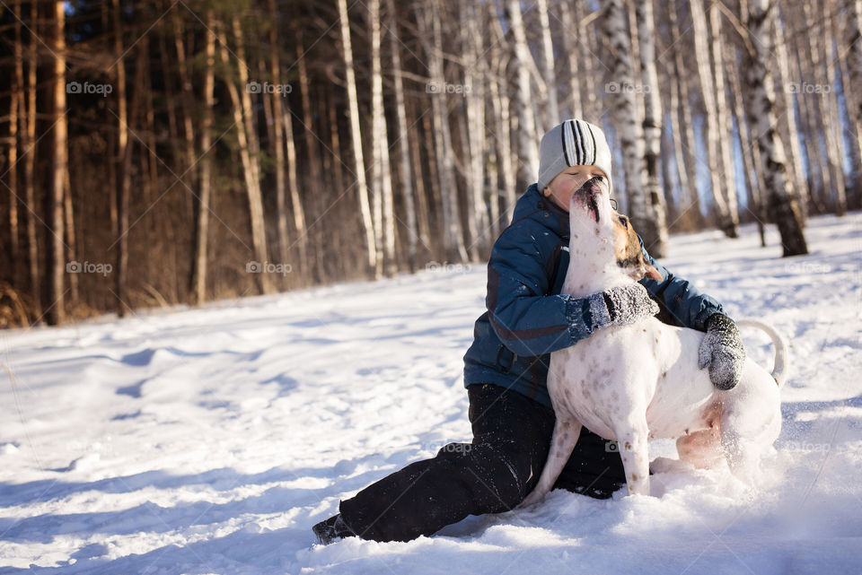 Boy playing with dog in sow