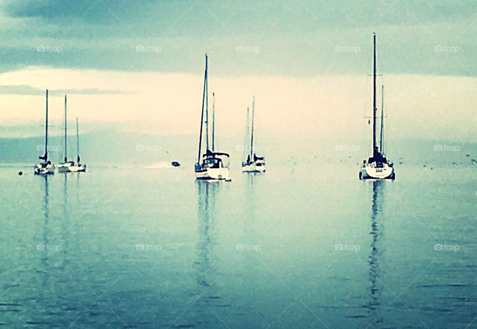 Five tall sail boats rest peacefully upon calm Monterey Penninsula waters, casting their reflection upon the pale blue expanse. 