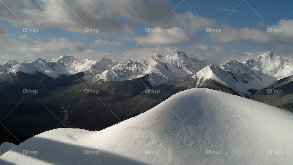 Banff Mountain Peaks. shot from gondola boardwalk in Banff, Canada
