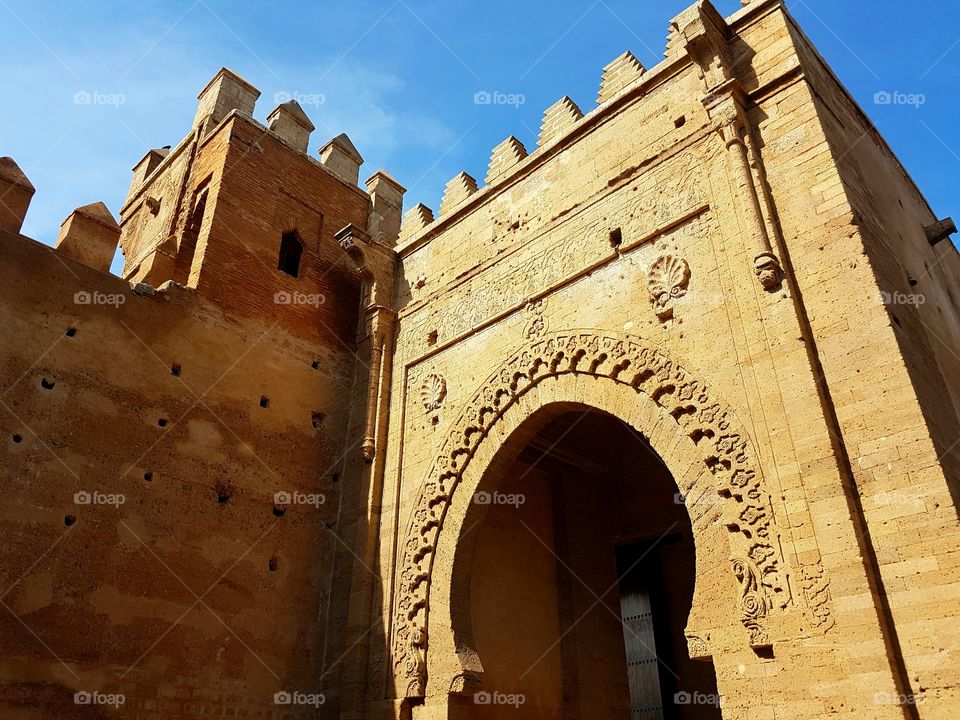 architectural door frame and building of historic ruins of Mosque at Chellah in Rabat, Morocco, Africa.