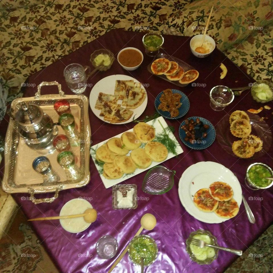 Moroccan table full of various food served especially for ramadan