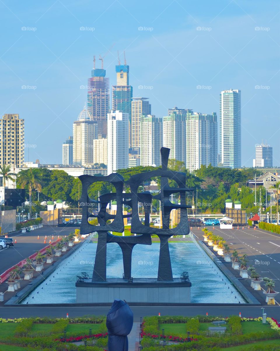 garden and water pool in the courtyard of the Republic of Indonesia DPR Office, Senayan, Jakarta