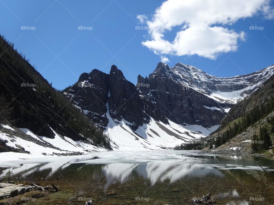 Serene beauty : Lake Agnes in the Lap of Blue skies and snow