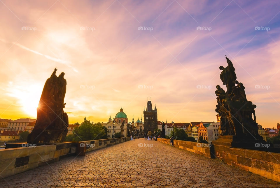 Charles bridge at sunrise in Prague, Czechia