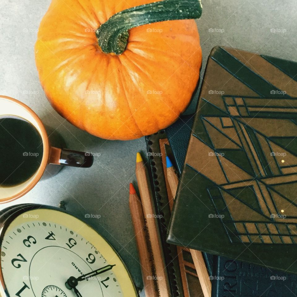 Clock Coffee Pumpkin Books Pencils 