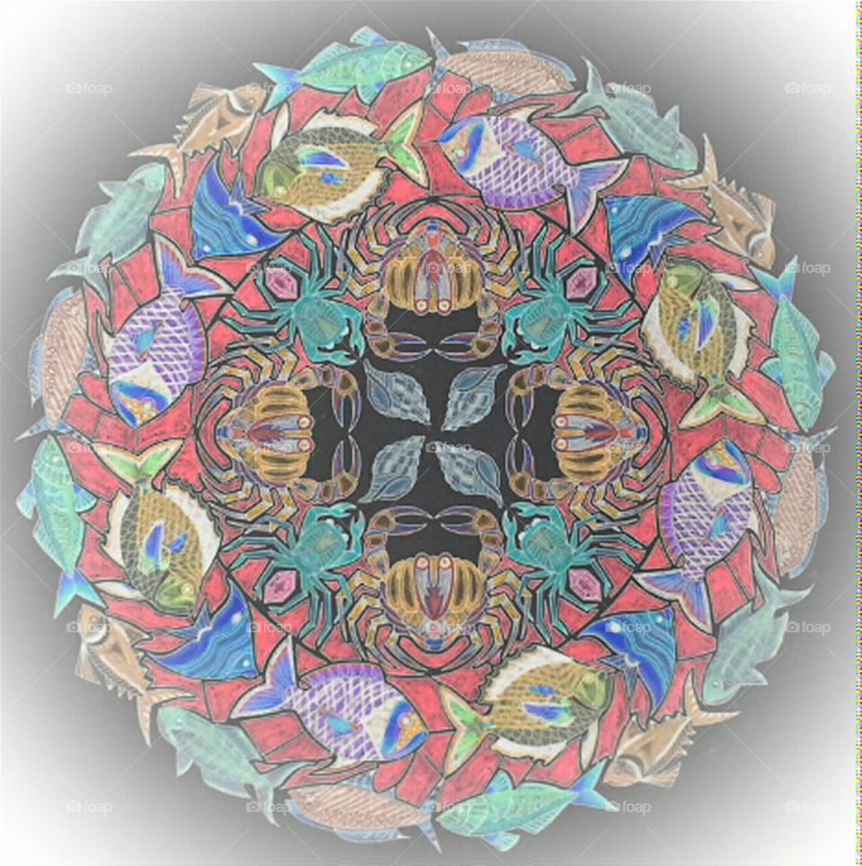 Neon fish and crab kaleidoscope colored pencil art