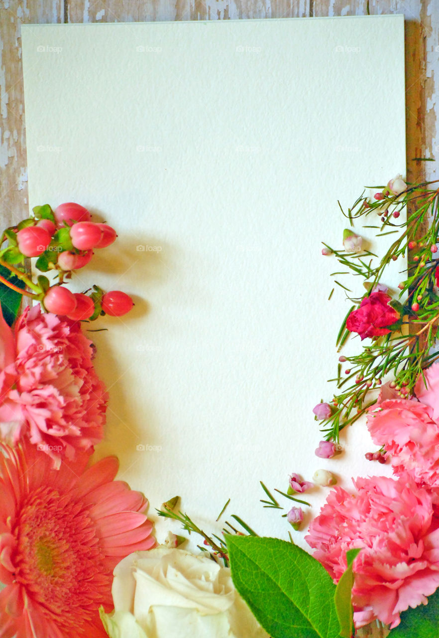 Spring, flowers, floral border, flower border, flat lay, white paper, wooden background, pink flowers and leaves, carnations, portrait orientation