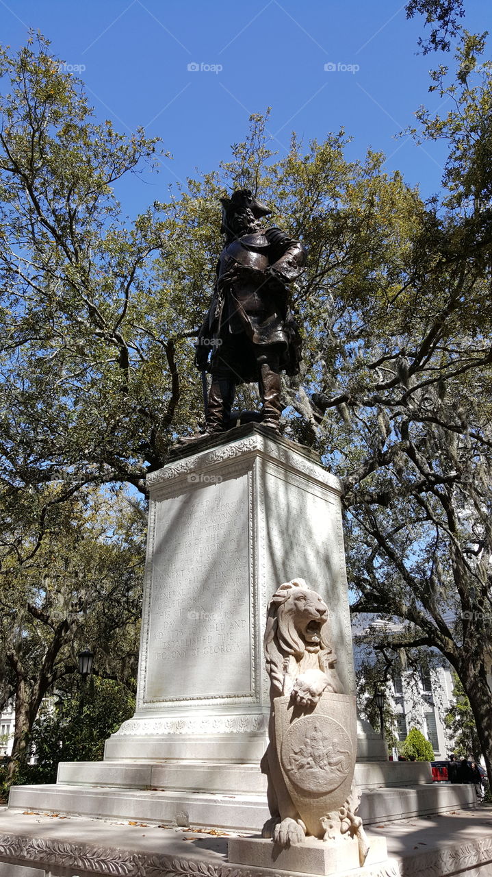 A tribute to the founder of Savannah, Georgia. Proud statue overlooking a city park.