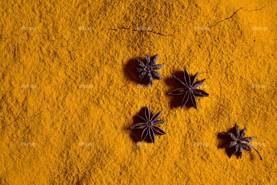 Star anise on yellow turmeric powder