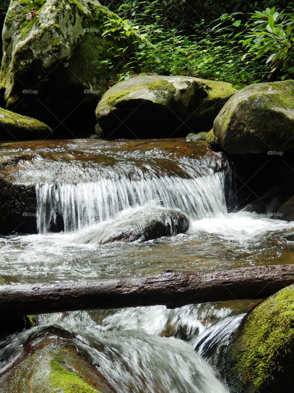 Small waterfall and moss covered boulders on Darnell creek in Dillard Georgia