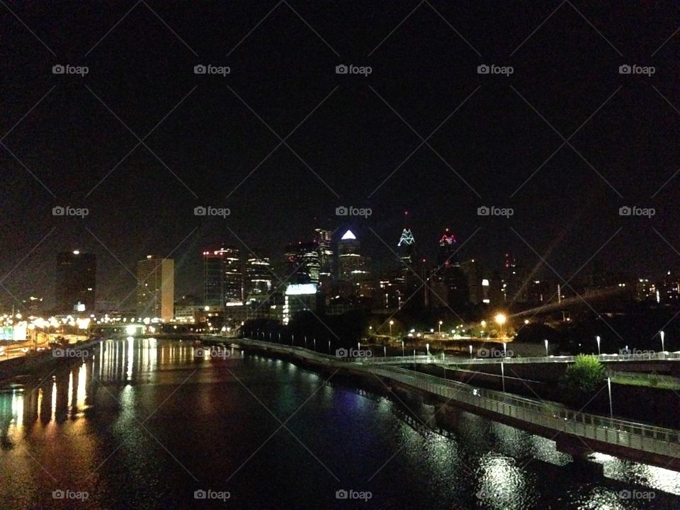 Night, night. Skyline at night. Philadelphia viewed from the South Street Bridge.