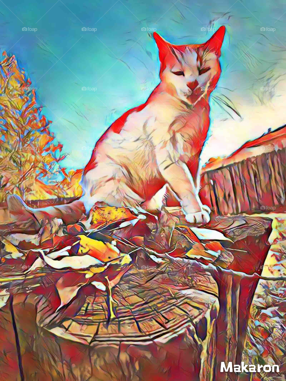 Autumn painting photo of a cat on stump with leaves in autumn