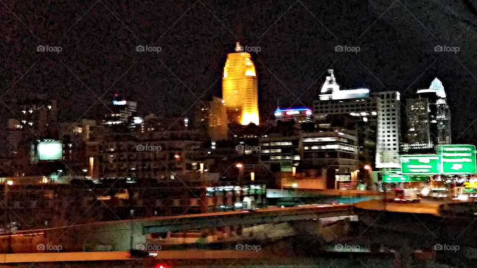 Cincinnati through a dirty windshield