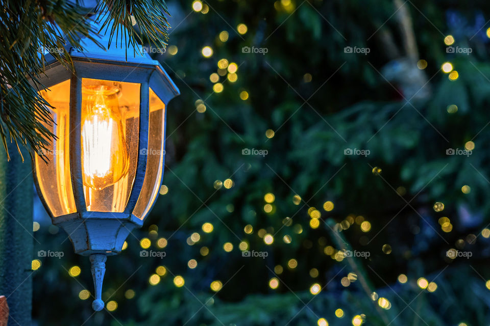 Close-up photo. Christmas decorations, lanterns and lights