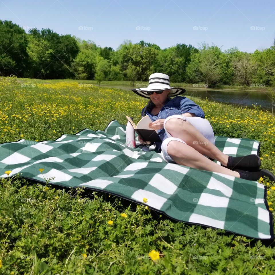 Reading on a Blanket Outside