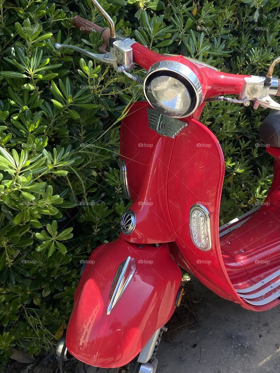 A bright red Italian Vespa scooter against a green bush.