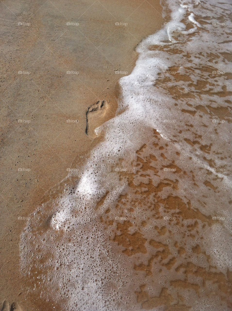 Footprints in sand . Walking along the beach 