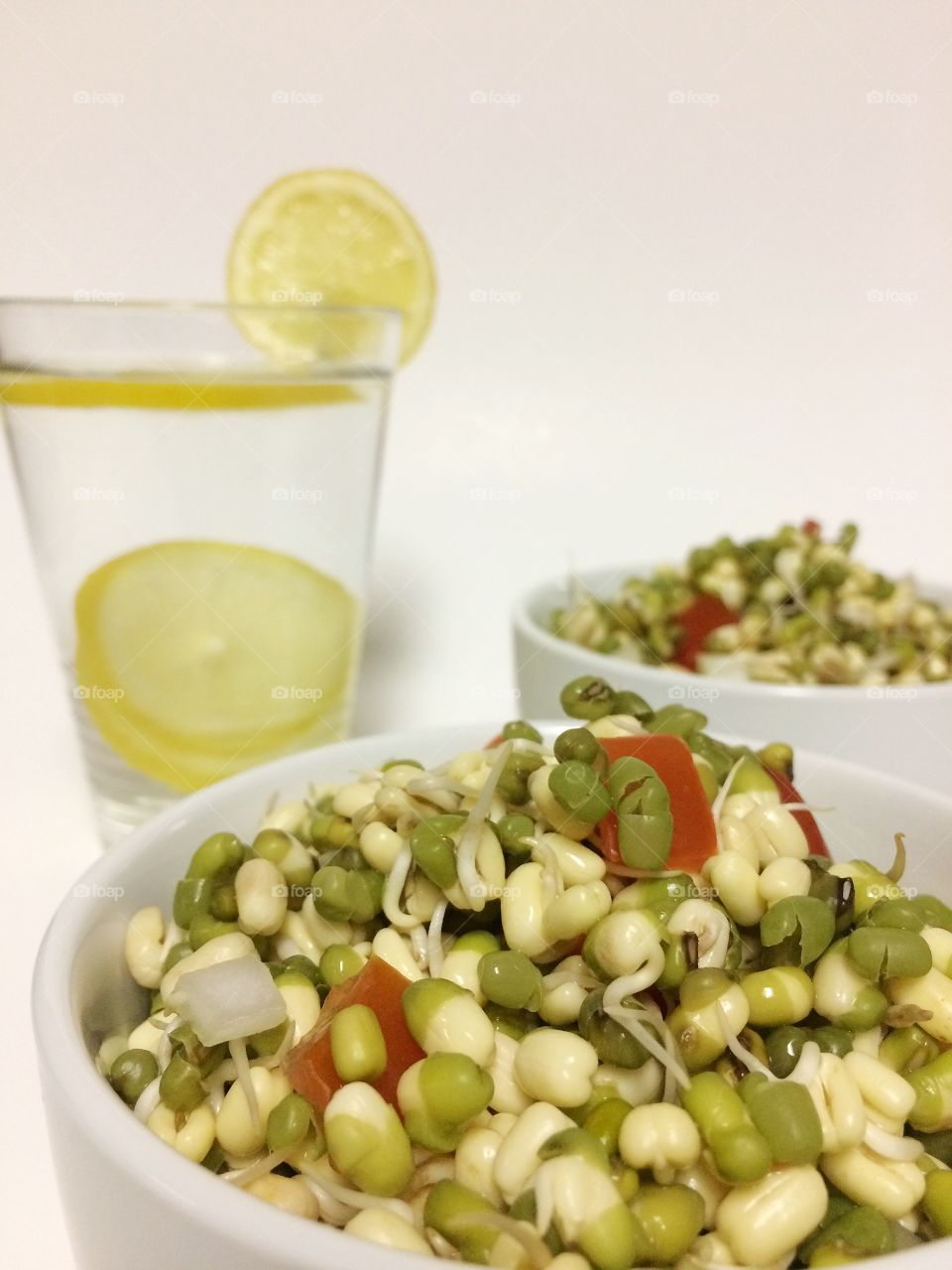 Lemon water and bean sprouts for breakfast 