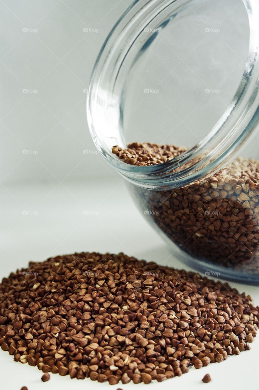storage of cereals in the kitchen, buckwheat in the bank, order
