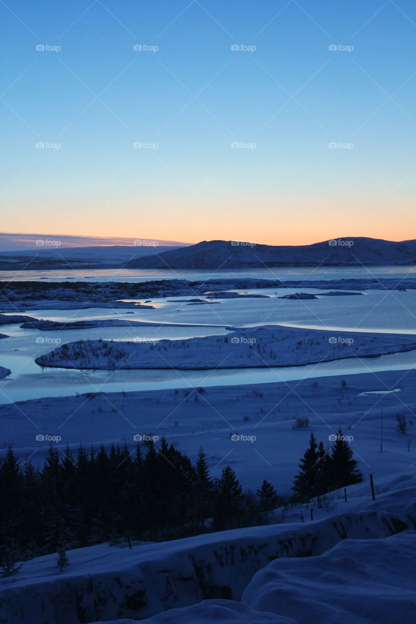 Sunrise and snow on the golden circle Iceland