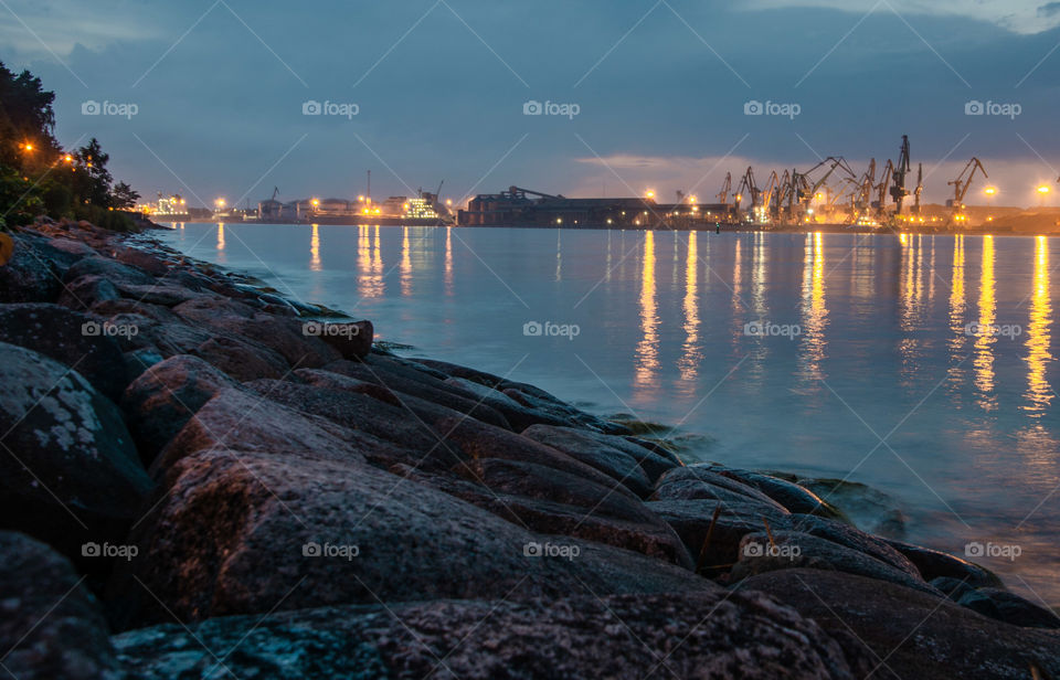 Blue hour rocks and harbor of klaipeda