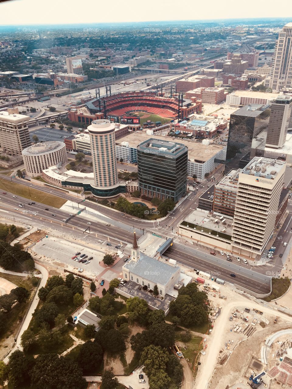 City architecture stadium cardinals St. Louis baseball overhead Birdseye view beautiful vivid warm streets
