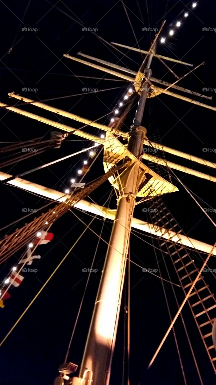 ships rigging and mast against night sky
