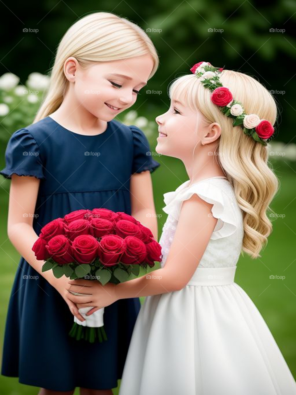 Two girls with a bouquet of flowers