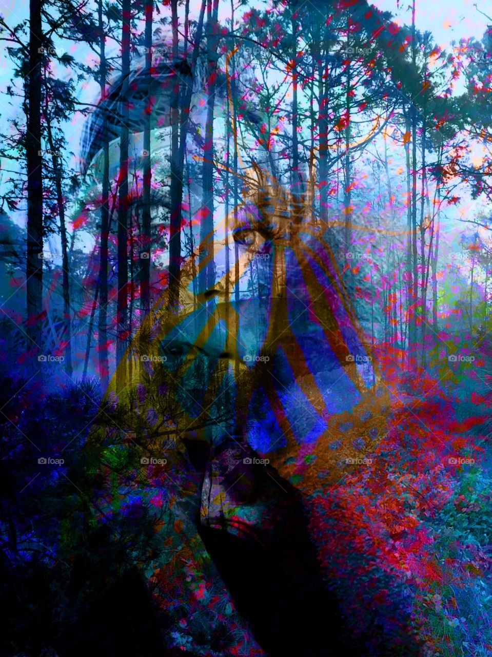 Woman’s eyes peering through a psychedelic forest.
