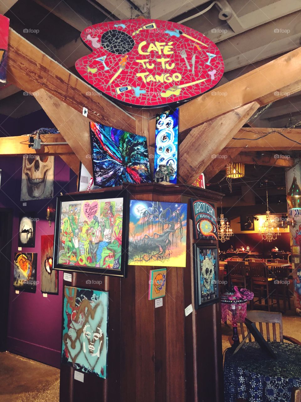 Beautifully designed and brightly colored works of art in a small town cafe. 