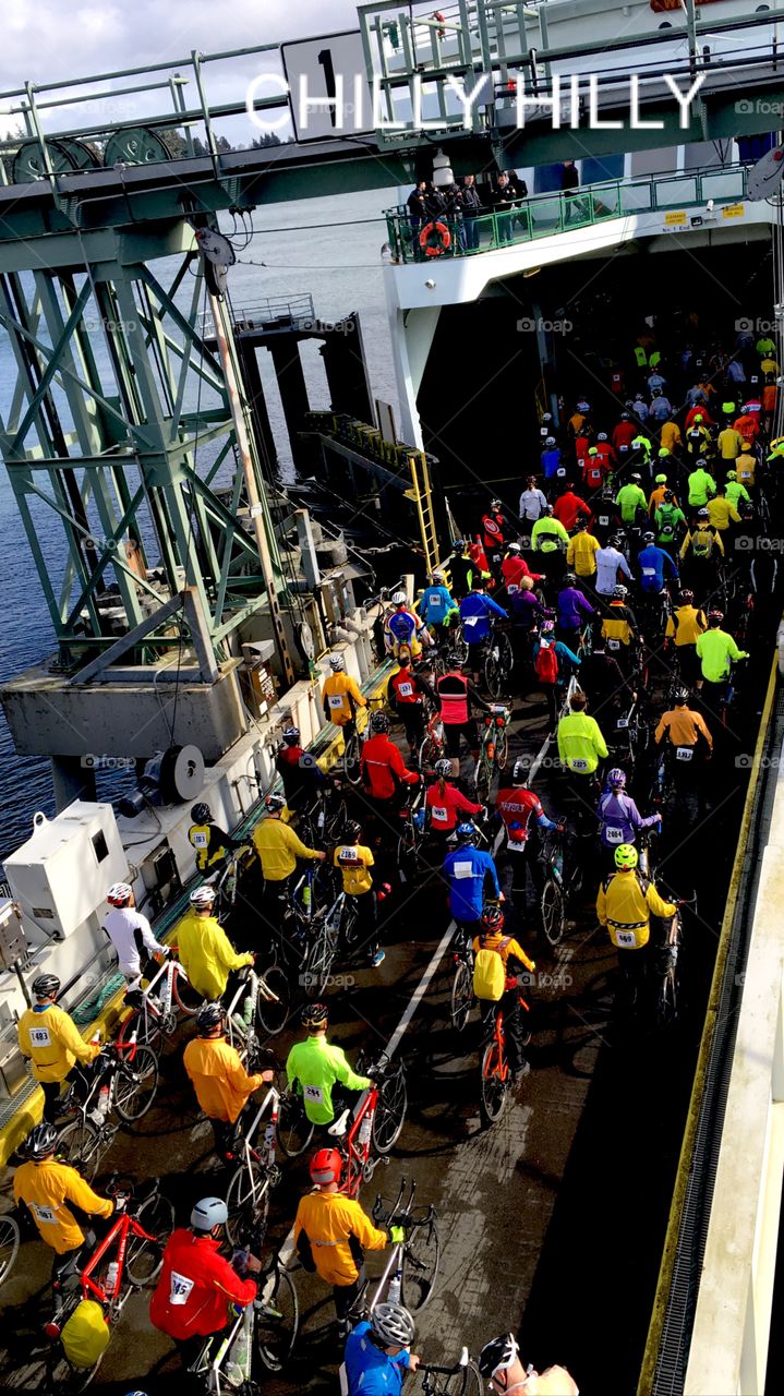 Annual Spring Chilly Hilly Bike Ride, Cascade Bicycle Ride returning on Bainbridge Island to Seattle Ferry