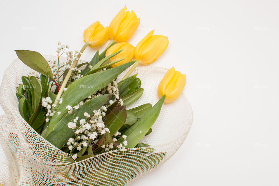 Yellow Tulips Bouquet Flowers Isolated In White Background
