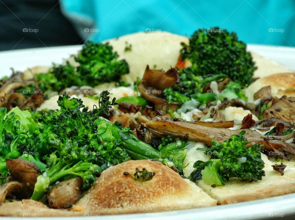 Overhead view of vegetarian pizza