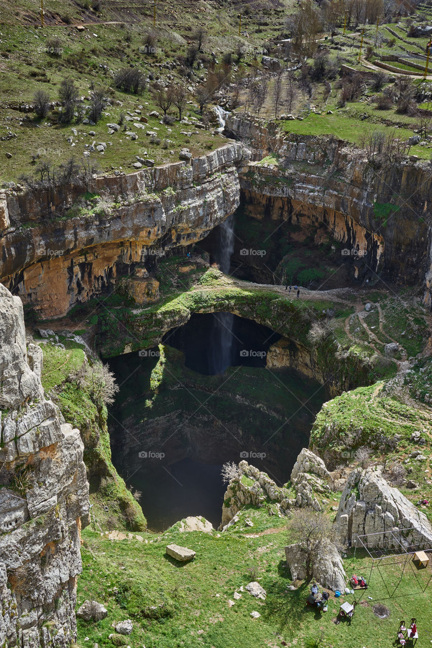 Baatara gorge waterfall. The Cave of the Three Bridges Tannourine. Balaa. Lebanon. 