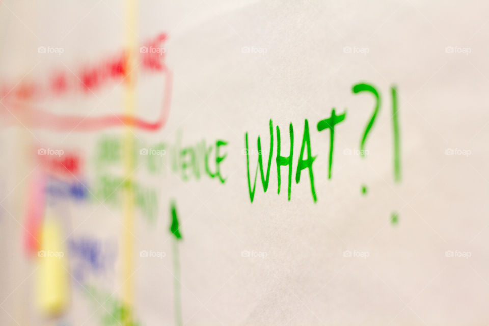 Hand written brainstorming session illustrates the word "what?!"