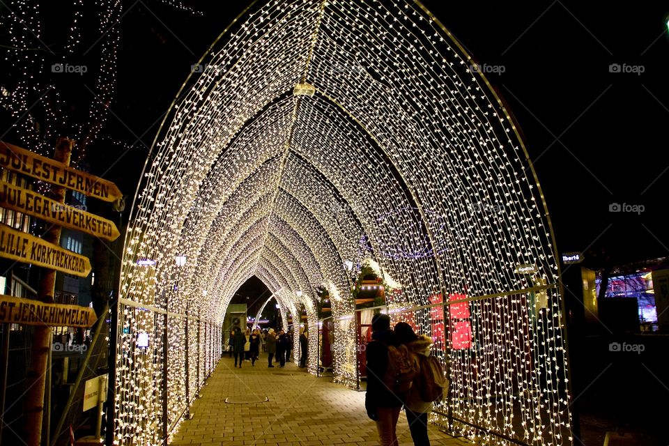 Tunnel of light at a Christmas market 