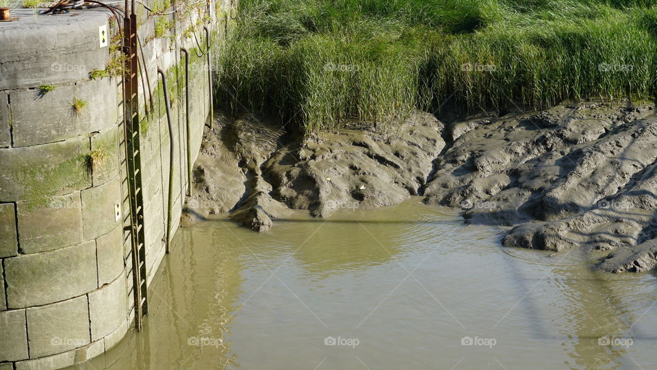 Mud and grass on an old quay near the river.
