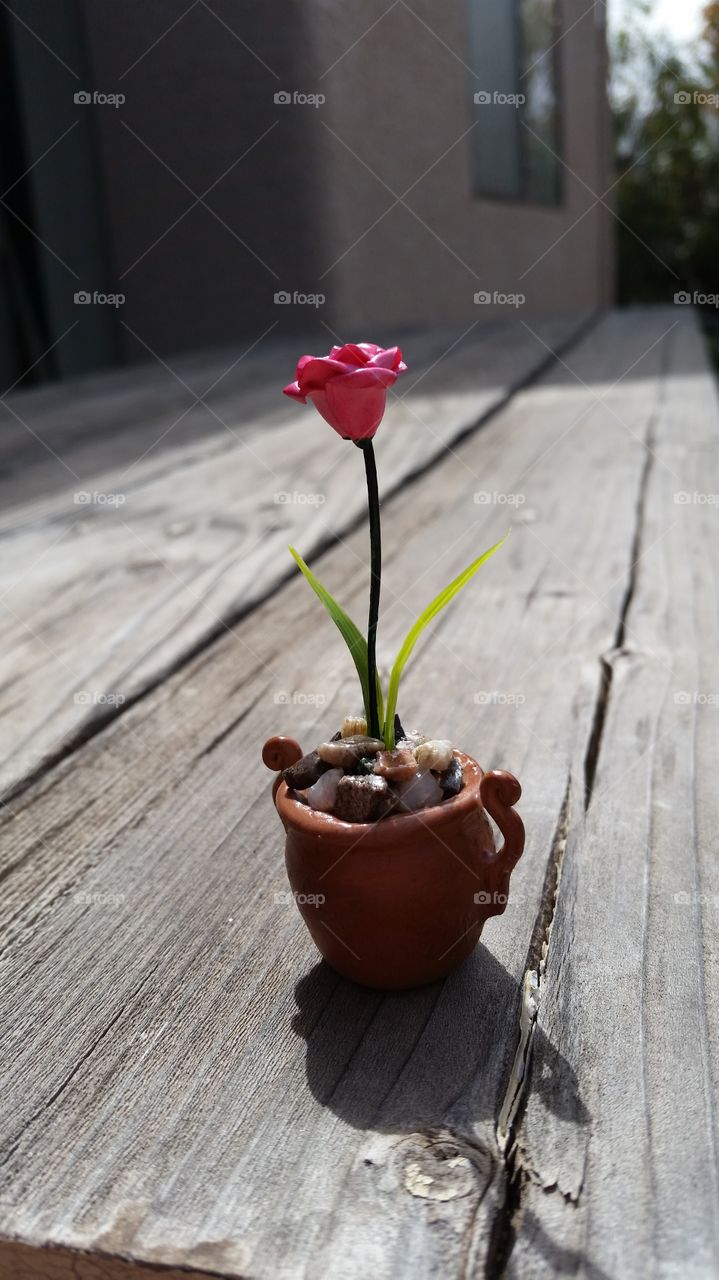 miniature polymer clay potted flower sitting on a picnic table.